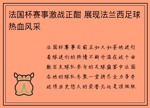 法国杯赛事激战正酣 展现法兰西足球热血风采