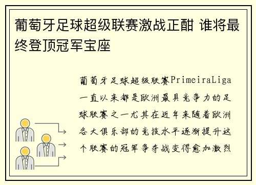 葡萄牙足球超级联赛激战正酣 谁将最终登顶冠军宝座