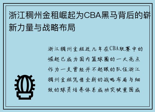 浙江稠州金租崛起为CBA黑马背后的崭新力量与战略布局