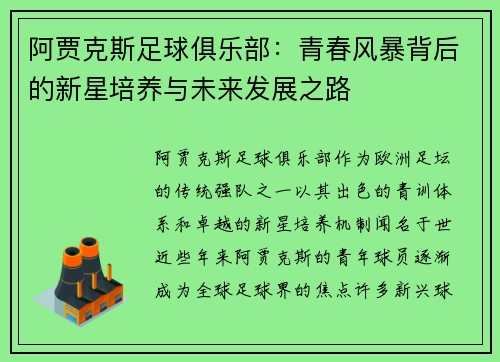 阿贾克斯足球俱乐部：青春风暴背后的新星培养与未来发展之路