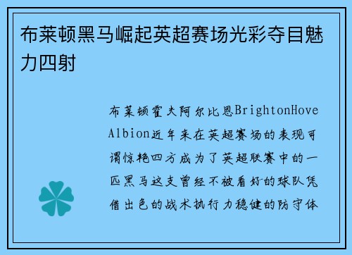 布莱顿黑马崛起英超赛场光彩夺目魅力四射