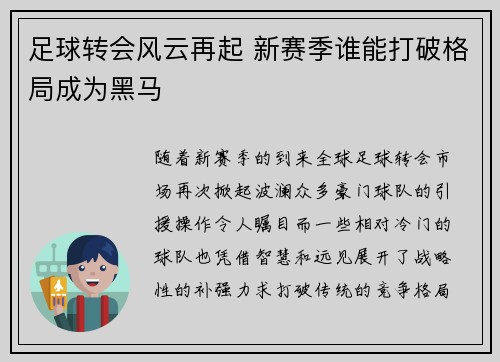 足球转会风云再起 新赛季谁能打破格局成为黑马
